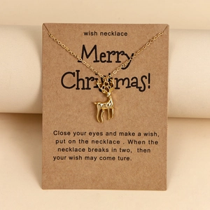 Merry Christmas Wish Card Necklace Gold Plated Alloy Reindeer Christmas Tree Candy Cane Pendant Necklace For Women Festive Jewelry Gift