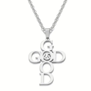 Collier croix en acier inoxydable argenté avec lettres God Is Good au fini poli brillant