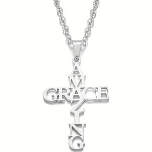 Pendentif croix Amazing Grace en acier inoxydable poli sur chaîne argentée