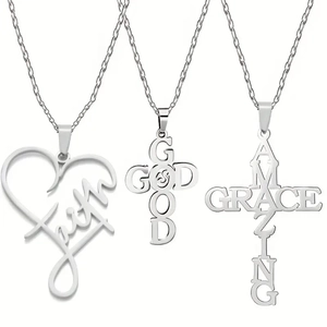 Ensemble de trois colliers en acier inoxydable avec pendentifs cœur et croix