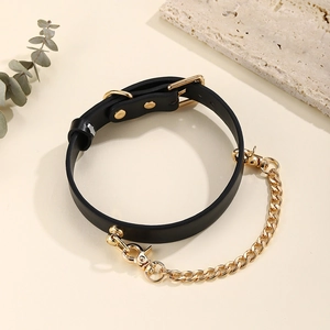 Verstelbare zwarte leren hondenhalsband met gouden gesp en afneembare metalen ketting