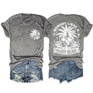 Detailed front and back views of gray cotton t-shirt with beach skull slogan print