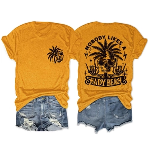 Front and back view of mustard yellow T-shirt with Nobody Likes a Shady Beach print