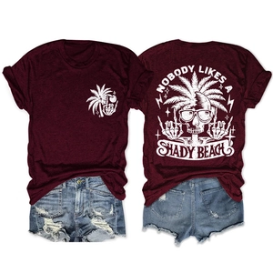 Detailed front and back views of a dark burgundy crew neck T-shirt with graphic prints