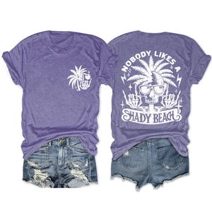 Front and back view of purple T-shirt with palm tree print and Nobody Likes a Shady Beach text
