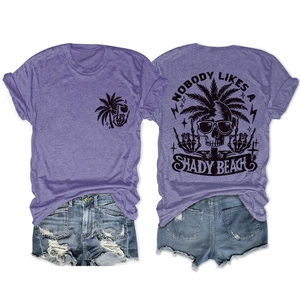 Detailed front and back view of purple graphic T-shirt with palm tree and skull prints