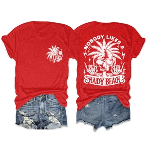 Front and back detail of graphic t-shirt with palm tree skull and shady beach print
