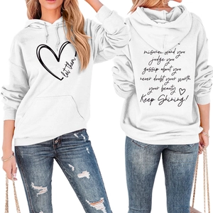 Front and back view of a white oversized hoodie with motivational black lettering