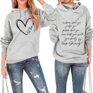Detailed front and back view of light grey hoodie with let them misunderstand text