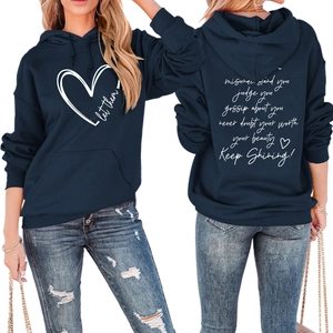 Front and back detail of navy blue hoodie featuring white Let Them Misunderstand script text