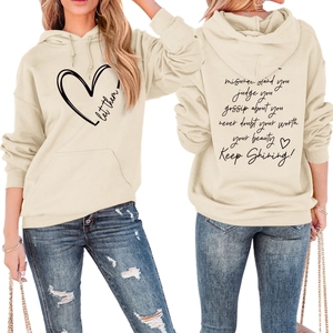 Front and back view of beige hoodie with Let Them print and heart graphic design