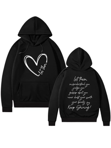 Front and back detail of black hoodie with white heart print and motivational quote
