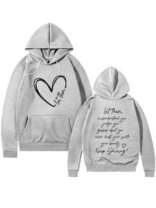 Grey hoodie set with front heart print and back quote displayed on white background