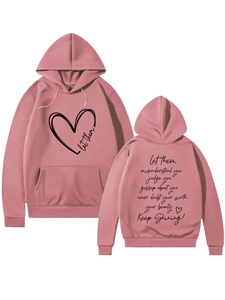 Detailed front and back view of a pink hoodie with inspirational let them text print