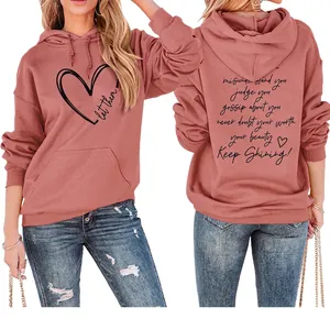 Women Hoodie Cotton Blend Long Sleeve Hooded Drawstring Kangaroo Pocket Inspirational Letter Heart Graphic Casual Loose Fit