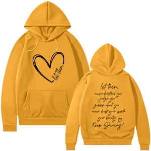 Minimalist yellow hoodie with let them misunderstand slogan and back quote print