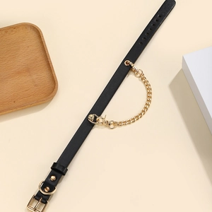Verstelbare zwarte leren hondenhalsband met gouden metalen ketting en een gesp detail
