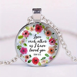 Religious Bible verse necklace with flower wreath and glass dome pendant on silver chain