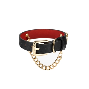 Bracelet punk en cuir noir avec doublure rouge et grosse chaîne à maillons dorés