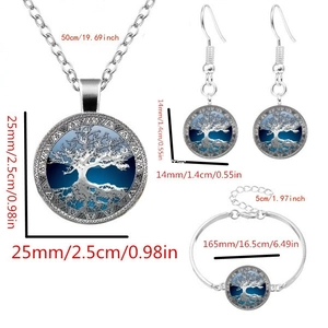 Vue détaillée des dimensions de la parure Arbre de Vie avec collier, boucles et bracelet
