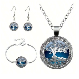 Arbre De Vie Alliage Collier Boucles D'oreilles Crochet Et Bracelet Bleu Rond Gemme Temps Nature Bijoux Pour Femmes Filles