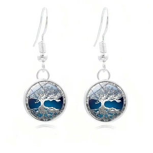 Parure de bijoux Arbre de Vie en argent avec boucles d'oreilles rondes sur fond bleu