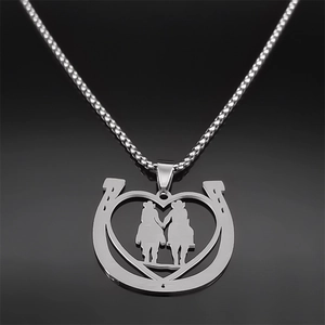 Polished stainless steel horseshoe and heart pendant necklace with square bead chain