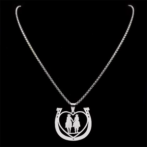 Polished silver horseshoe heart pendant necklace with equestrian silhouette and square bead chain