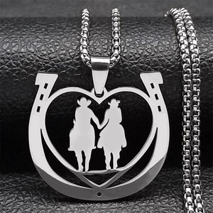 Stainless Steel Horseshoe Heart Pendant Necklace Couple Riding Silhouette Equestrian Jewelry Men Women Gift