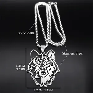 Mens silver hollow wolf head pendant necklace in stainless steel with 50cm chain link