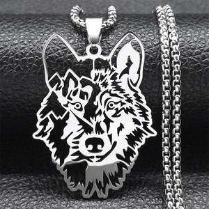 Stainless Steel Wolf Head Pendant Necklace Hollow Out Mountain Forest Design Hip Hop Punk Style For Men Women