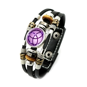 Punk Mehrlagen-Lederarmband mit Hexenknoten, Pentagramm und lila Triquetra-Glasperle