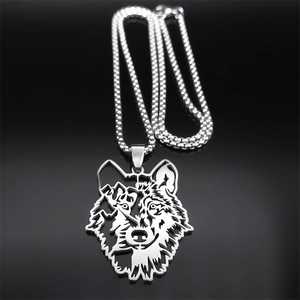 Hollow wolf head pendant necklace in silver stainless steel with classic bead chain link