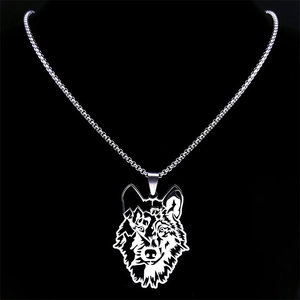 Mens silver hollow wolf head pendant necklace with mountain detail on black background