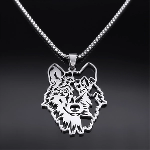 Hollow wolf head pendant necklace in silver stainless steel for men's hip hop style