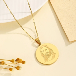 Collier Pendentif Rond Portrait De Jésus Acier Inoxydable Plaqué Or Figure Religieuse Gravé Double Face Bijoux