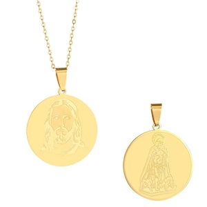 Collier en acier inoxydable doré avec pendentif religieux et gravure de Jésus