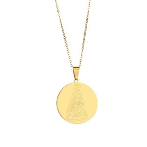Collier en acier inoxydable doré avec pendentif rond à l'effigie d'un saint religieux