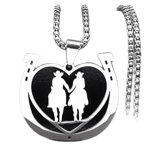 Horse shoe heart pendant necklace with rider silhouette on stainless steel chain