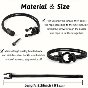 Black woven Milan rope bracelet with steel horseshoe clasp showing 21cm length detail