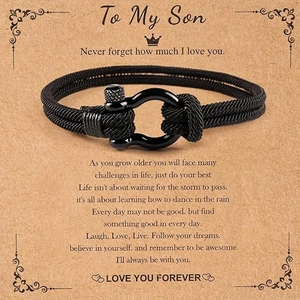 Braided Rope Bracelet With Stainless Steel Horseshoe Buckle Inspirational Gift Card For Son Men Jewelry
