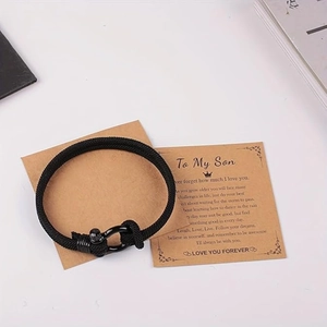 Handmade black woven bracelet with matte horseshoe buckle and To My Son greeting card