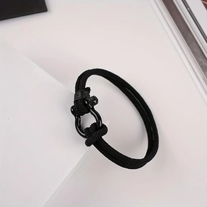 Minimalist black braided bracelet with U-shaped horseshoe buckle for men and sons