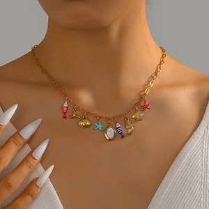 Ocean Charm Necklace Stainless Steel Sea Shell Starfish Fish Tail Summer Beach Jewelry For Women Gold Plated Multi Pendant