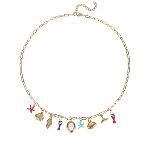 Golden stainless steel ocean theme necklace with starfish shells and fish charms