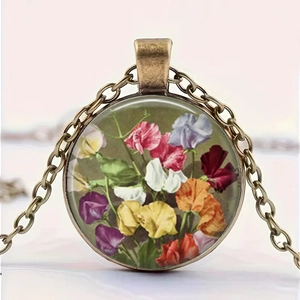 Collier vintage en bronze fleur de vie avec pendentif cabochon en verre coloré et chaîne