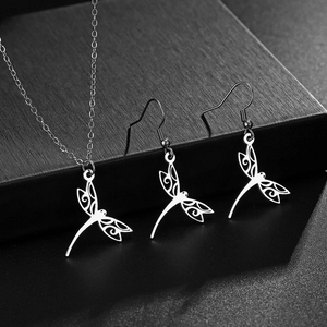 Dragonfly Pendant Necklace And Hook Earrings Stainless Steel Hollow Out Filigree Animal Jewelry For Women