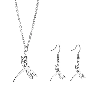 Stainless steel dragonfly jewelry set including hollow wing pendant necklace and earrings