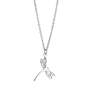 Detail of silver hollow dragonfly pendant with intricate cut-out patterns on O-chain