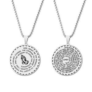 Double-sided stainless steel prayer hands medallion necklace with serenity prayer engraving
